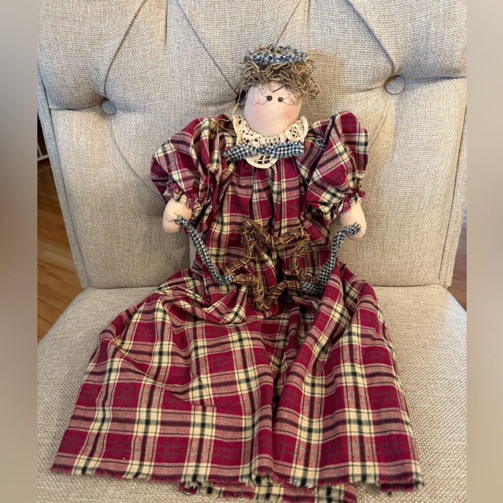 Plaid Folk Art Handmade Rag Doll Everyday Angel w star